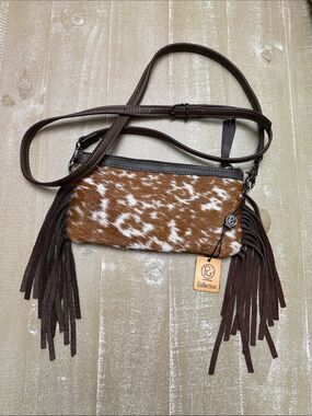 NWT! PG Collection Leather Cowhide Fur Fringe Crossbody Purse